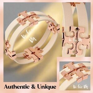 Tory Burch Authentic Serif T Stacked Leather Sand Rose Gold Wrap Bracelet